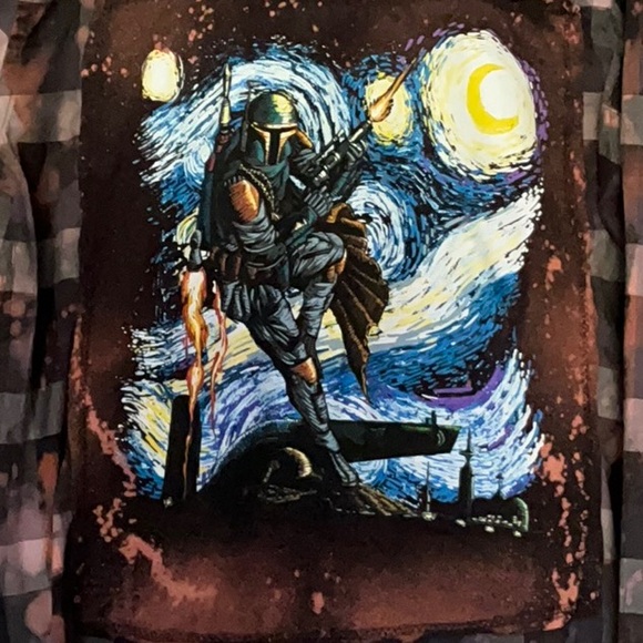 Star Wars Upcycled Boba Fett/Van Gogh Starry Night Shirt XL 23” p2p - Picture 4 of 8